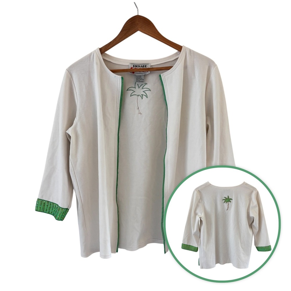 Vtg Richard Sport Open Front Cardigan Womens S White Beaded Palm Tree Preppy